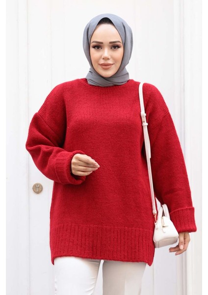Kırmızı Tesettür Triko Kazak Tunik 87181K modelleri