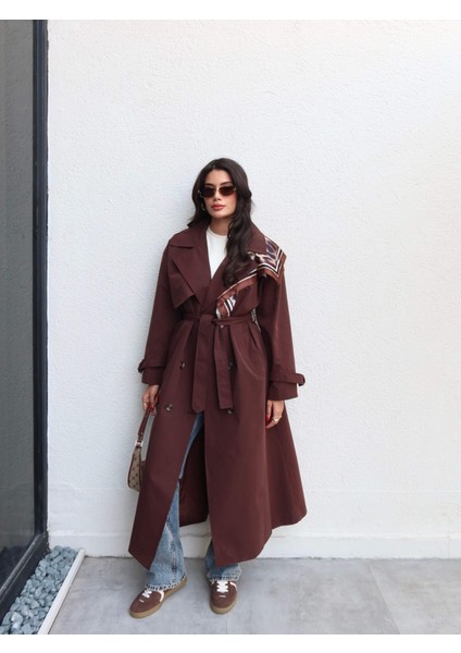 Kruvaze Yaka Kemerli Uzun Trench