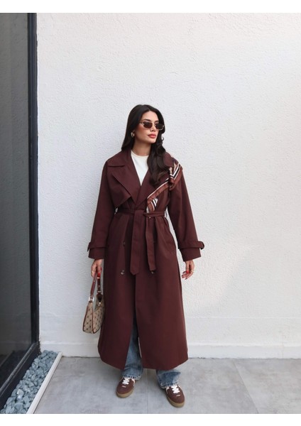 Kruvaze Yaka Kemerli Uzun Trench fiyatları