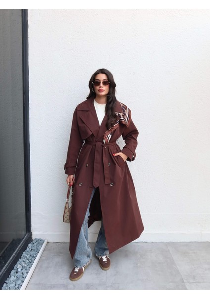 Kruvaze Yaka Kemerli Uzun Trench indirimleri