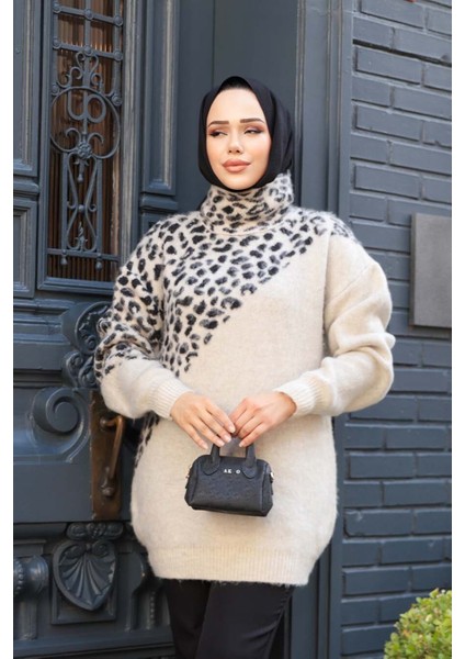 Desenli Bej Tesettür Triko Kazak Tunik 8818BEJ