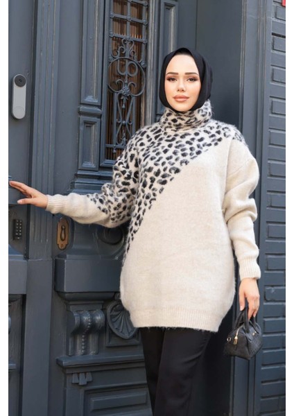 Desenli Bej Tesettür Triko Kazak Tunik 8818BEJ fiyatları