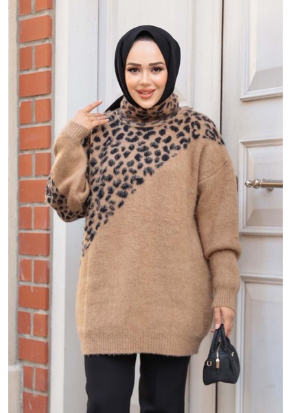 Desenli Camel Tesettür Triko Kazak Tunik 8818C
