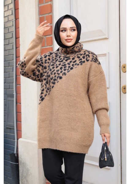 Desenli Camel Tesettür Triko Kazak Tunik 8818C fiyatları