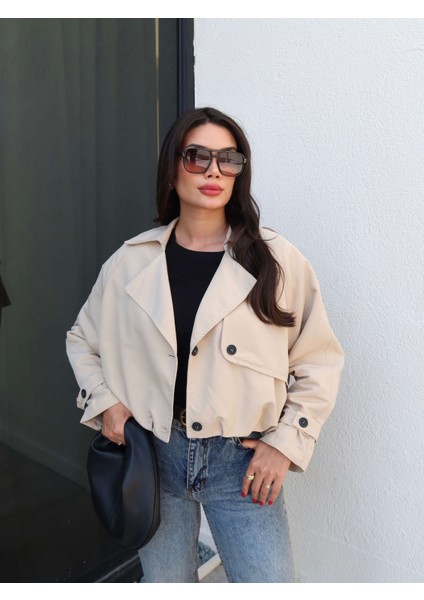 Kruvaze Yaka Düğmeli Kısa Trench