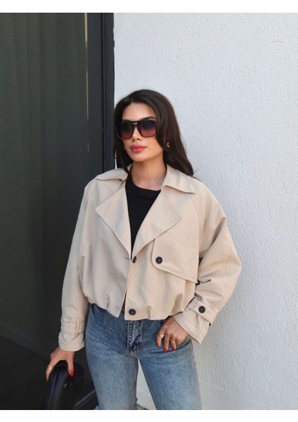 Kruvaze Yaka Düğmeli Kısa Trench fiyatları