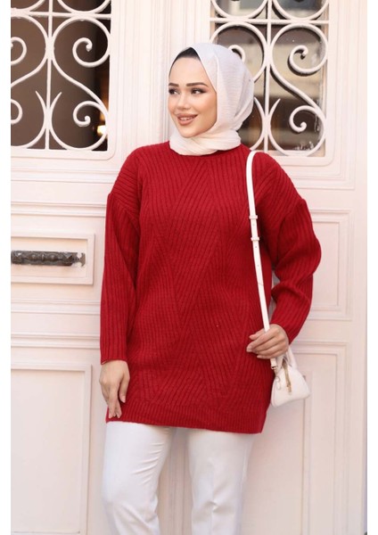 Kırmızı Tesettür Triko Kazak Tunik 7852K