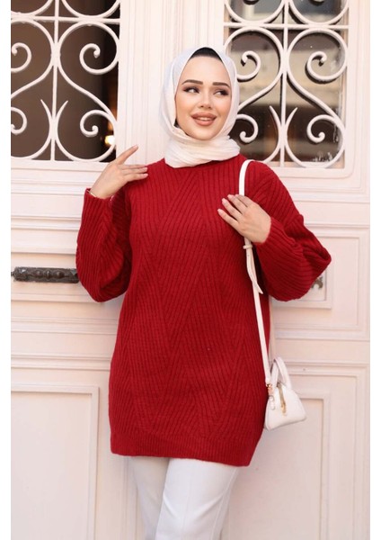 Kırmızı Tesettür Triko Kazak Tunik 7852K modelleri