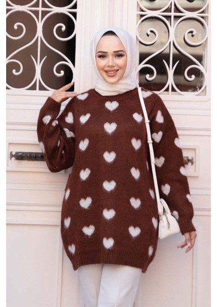 Kalp Desenli Kahverengi Tesettür Triko Kazak Tunik 8688KH