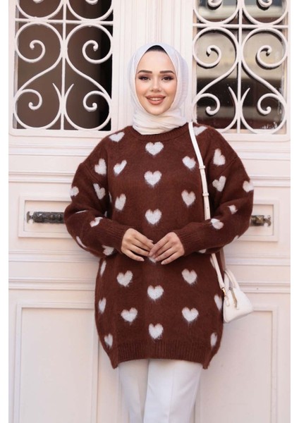 Kalp Desenli Kahverengi Tesettür Triko Kazak Tunik 8688KH fiyatları