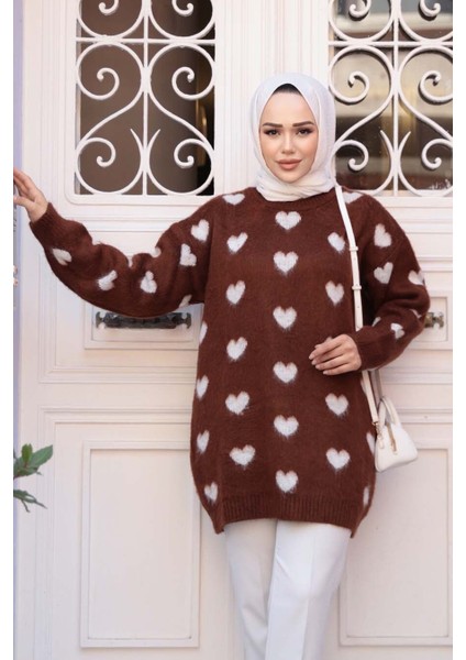 Kalp Desenli Kahverengi Tesettür Triko Kazak Tunik 8688KH modelleri