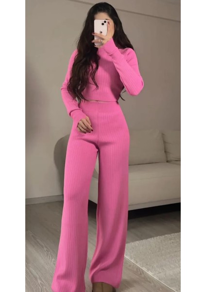 Kadınbalıkçı Yaka Fitilli Crop Triko Takım Parmak Geçmeli Yüksek Bel Geniş Paça Pantolon