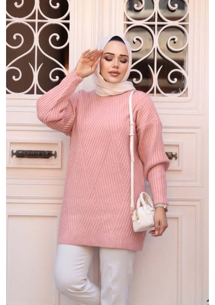 Pudra Tesettür Triko Kazak Tunik 7852PD fiyatları