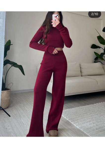 Kadınbalıkçı Yaka Fitilli Crop Triko Takım Parmak Geçmeli Yüksek Bel Geniş Paça Pantolon