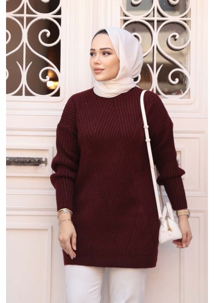 Koyu Bordo Tesettür Triko Kazak Tunik 7852KBR