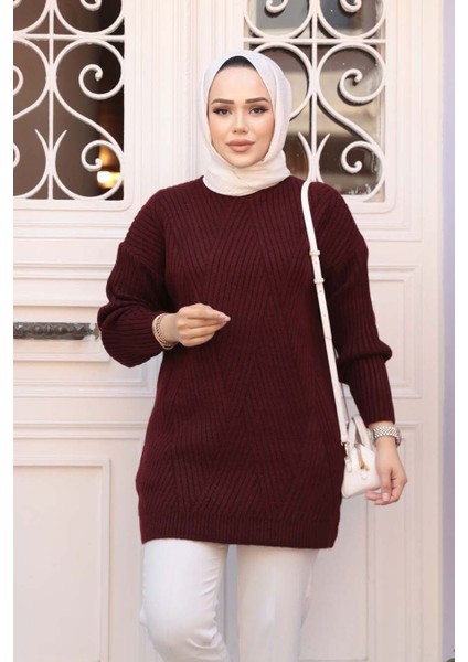 Koyu Bordo Tesettür Triko Kazak Tunik 7852KBR fiyatları