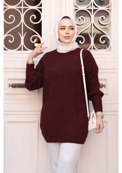 Koyu Bordo Tesettür Triko Kazak Tunik 7852KBR modelleri