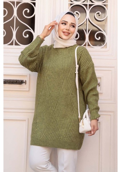 Yağ Yeşili Tesettür Triko Kazak Tunik 7852YY