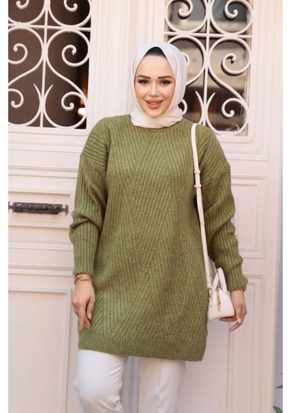 Yağ Yeşili Tesettür Triko Kazak Tunik 7852YY fiyatları