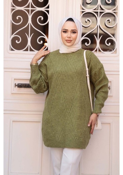 Yağ Yeşili Tesettür Triko Kazak Tunik 7852YY modelleri