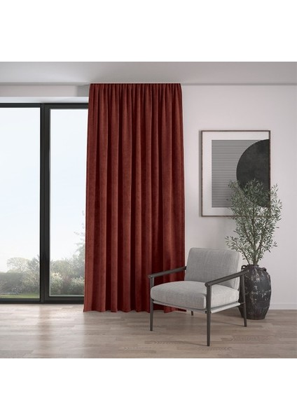 Kadife Dokulu Ekstrafor Büzgülü Kiremit Rengi Yüksek Kalite Fon Perde Tek Kanat