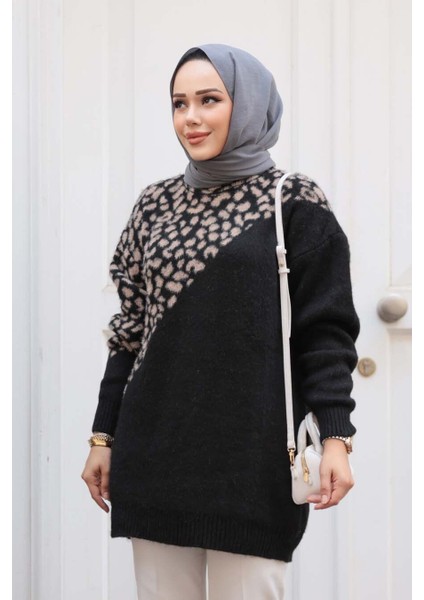 Desenli Siyah Tesettür Triko Kazak Tunik 8818S