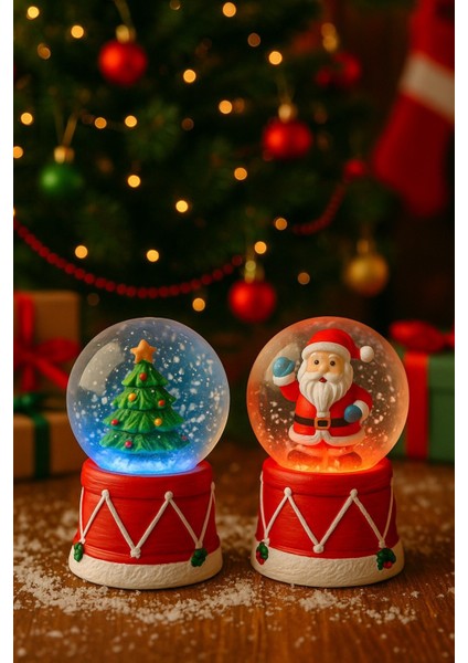 Yeni Yılın En Güzel Hediyesi Yılbaşı 2 Adet LED Işıklı 6,5 cm Noel Baba Yılbaşı Çam Ağacı Kar Küresi modelleri