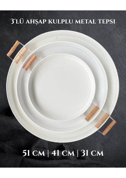 3'lü (51, 41, 31 Cm) Ahşap Kulplu Metal Tepsi | Çay Tepsisi | Kahve Tepsisi | Sunum Tepsi Seti
