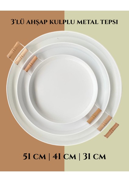 3'lü (51, 41, 31 Cm) Ahşap Kulplu Metal Tepsi | Çay Tepsisi | Kahve Tepsisi | Sunum Tepsi Seti fiyatları