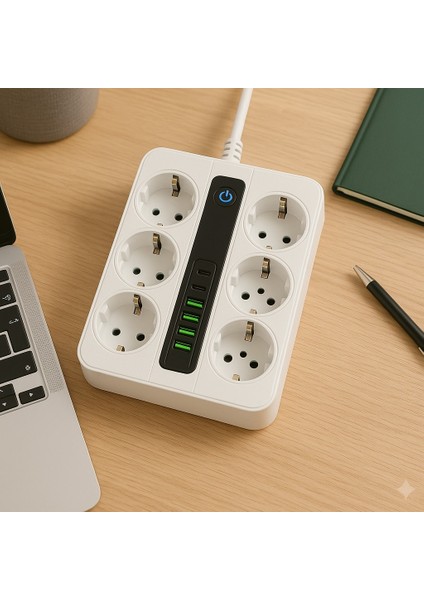 6 Prizli Akıllı Uzatma Kablosu – 4 Usb-A + 2 Type-C Hızlı Şarj Çıkışlı Akım Korumalı , 2 Metre Kablo modelleri