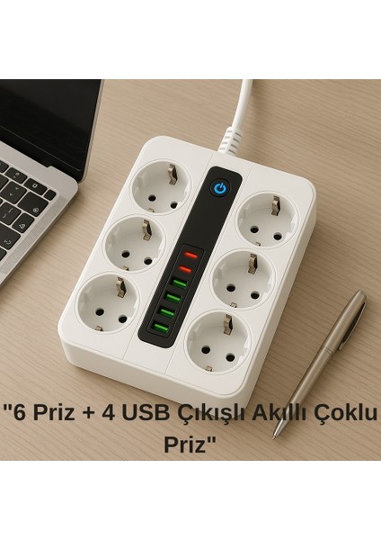 6 Prizli Akıllı Uzatma Kablosu – 4 Usb-A + 2 Type-C Hızlı Şarj Çıkışlı Akım Korumalı , 2 Metre Kablo indirimleri