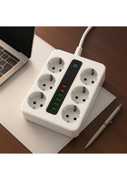 6 Prizli Akıllı Uzatma Kablosu – 4 Usb-A + 2 Type-C Hızlı Şarj Çıkışlı Akım Korumalı , 2 Metre Kablo