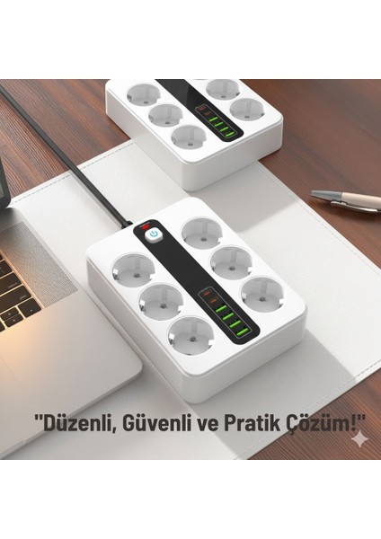 6 Prizli Akıllı Uzatma Kablosu – 4 Usb-A + 2 Type-C Hızlı Şarj Çıkışlı Akım Korumalı , 2 Metre Kablo