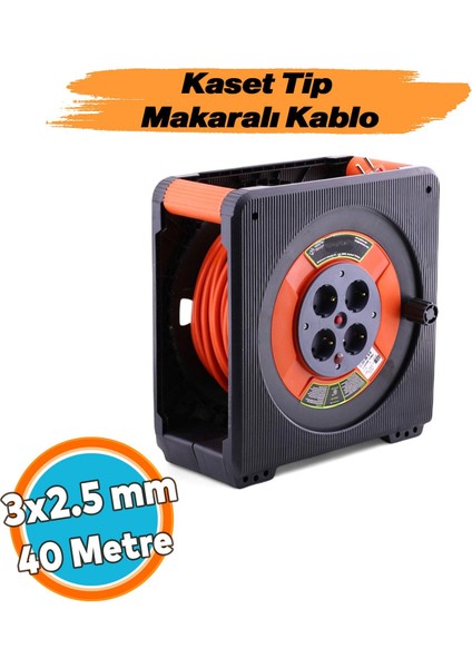 Seyyar Makaralı Cca Uzatma Kablosu 40 Metre 3x2.5 mm 4 Prizli Termal Sigortalı Plastik Kaset Tipi