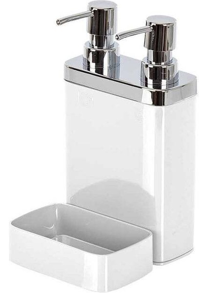 Beyaz, Sünger Hazneli, Mutfak Sıvı Sabunluk (300 ml) ve Bulaşık Deterjanlık (500 ml)