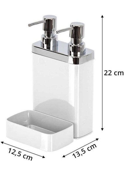 Beyaz, Sünger Hazneli, Mutfak Sıvı Sabunluk (300 ml) ve Bulaşık Deterjanlık (500 ml)