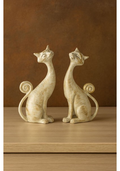 2’li Dekoratif Kedi Biblo Seti – Gold, Bronz, Gümüş, Krem Renkli Polyester Döküm Ev ve Ofis Aksesuarı (20X19 Cm)