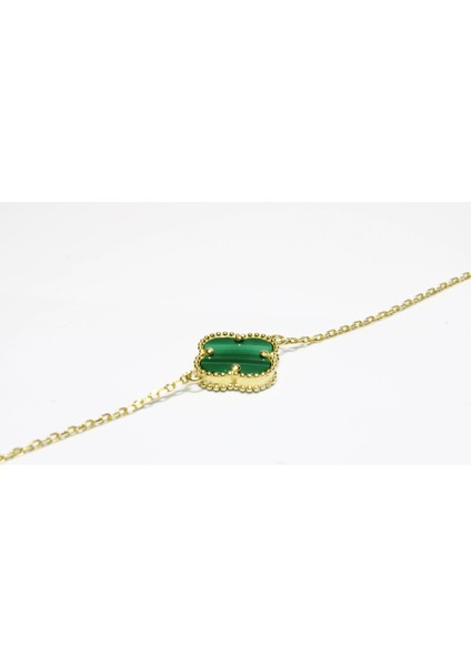 14 Ayar Altın Tek Yoncalı Yeşil Taşlı Bileklik