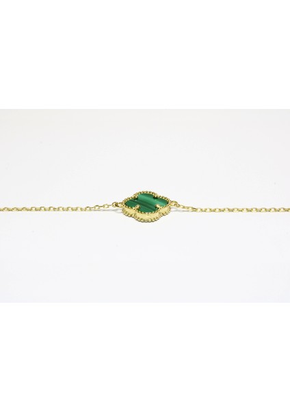 14 Ayar Altın Tek Yoncalı Yeşil Taşlı Bileklik