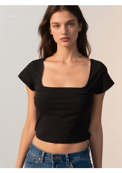 Kadın Kare Yaka Crop Bluz