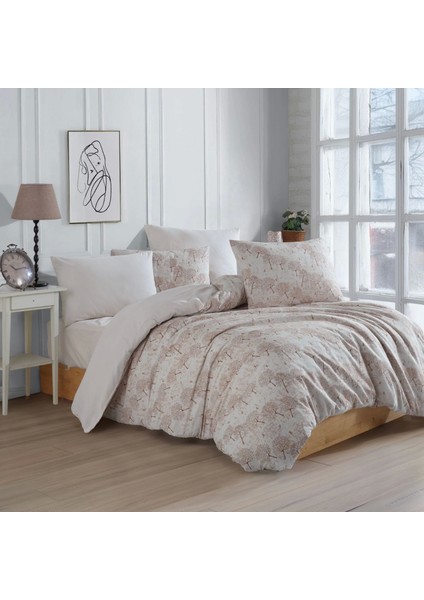 Conzaliza %100 Pamuklu Vazo Desenli Çift Kişilik Nevresim Takımı-Bej/beyaz indirimleri