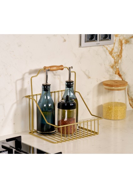 Gold Ahşap Kulplu Retro Sepet, Şık Çok Amaçlı Düzenleyici Organizer