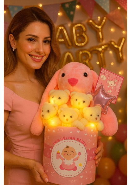 Hoşgeldin Bebek Temalı, Uyku Arkadaşı Tavşan ile LED Işıklı Yumoş Peluş Ayıcık Buketi, Yenidoğan-Babyshower Özel