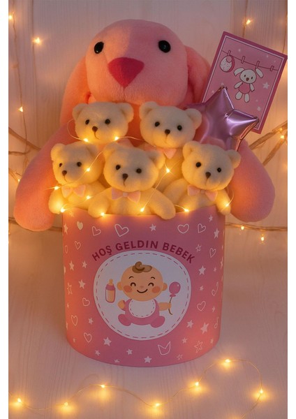 Hoşgeldin Bebek Temalı, Uyku Arkadaşı Tavşan ile LED Işıklı Yumoş Peluş Ayıcık Buketi, Yenidoğan-Babyshower Özel fiyatları