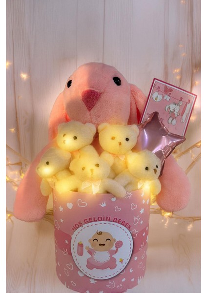 Hoşgeldin Bebek Temalı, Uyku Arkadaşı Tavşan ile LED Işıklı Yumoş Peluş Ayıcık Buketi, Yenidoğan-Babyshower Özel modelleri