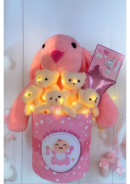Hoşgeldin Bebek Temalı, Uyku Arkadaşı Tavşan ile LED Işıklı Yumoş Peluş Ayıcık Buketi, Yenidoğan-Babyshower Özel fırsatları