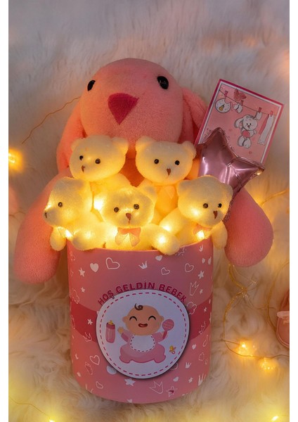 Hoşgeldin Bebek Temalı, Uyku Arkadaşı Tavşan ile LED Işıklı Yumoş Peluş Ayıcık Buketi, Yenidoğan-Babyshower Özel indirimleri