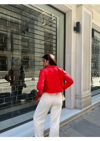 Kırmızı Suni Deri Biker Ceket - Kadın