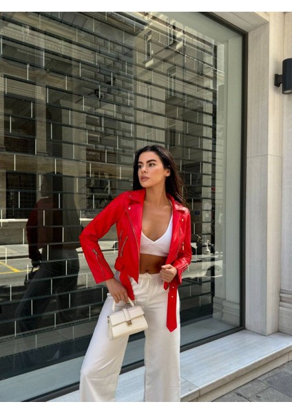 Kırmızı Suni Deri Biker Ceket - Kadın fiyatları