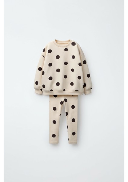 Kız Çocuk Pamuklu Bej Puantiye Desenli Sweatshirt Tayt Alt-Üst Takım